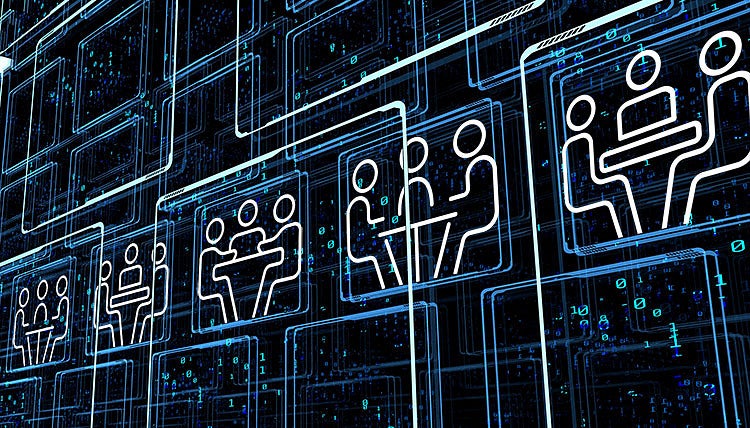 custom image of data center block with vector groups of people